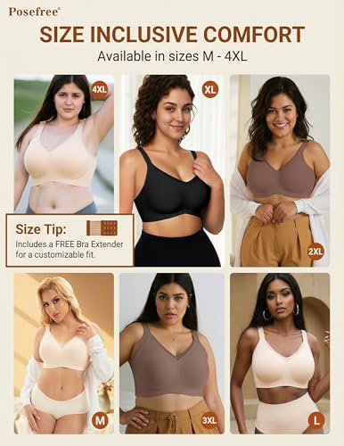 Image of PoseFree Womens Wireless Bras Supportive Tshirt Bra No Underwire Seamless Push Up V Mesh Comfortable Bralette Everyday Bras