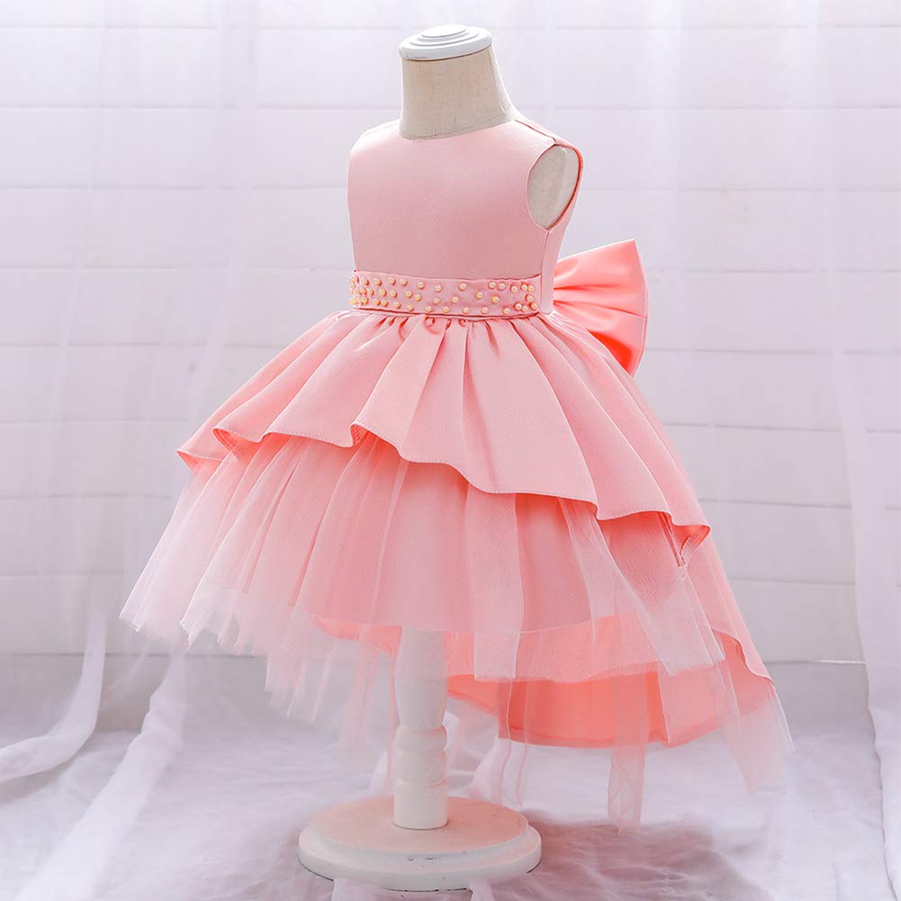 IBAKOM - Vestido de fiesta para bebé o niña, elegante, sin mangas, cuello en V, lazo de satén, para boda, dama de honor, comunión, bautizo, princesa, vestido de baile, rosa claro, 18-24 Meses