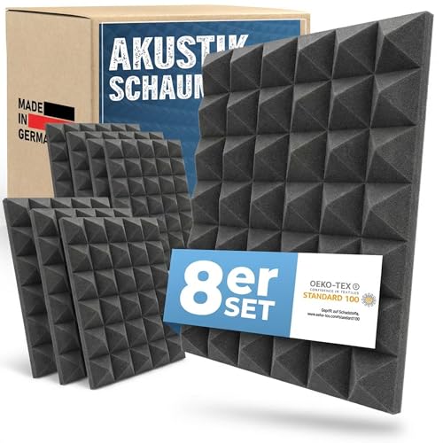 saarschaum Akustikschaumstoff Paneele – Effektive Schallabsorption – Pyramidenschaumstoff 8er Set – 50 × 50 × 5 cm, Dunkelgrau
