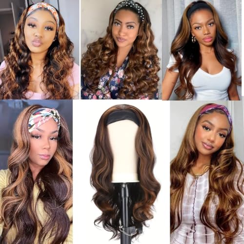 Image of Celiarita Highlight Body Wave Headband Wig Human Hair Wigs #4 /27 None Lace Front Machine Made Ombre Body Wave Headband Human Hair Wigs for Black Women 16 Inch