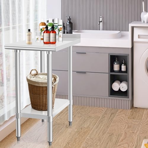 Image of HARDURA Stainless Steel Commercial Work Table 30x18 Inches 2 inch Backsplash | Prep Work Metal Table, Undershelf, Heavy Duty NSF 430, Kitchen Food Prep