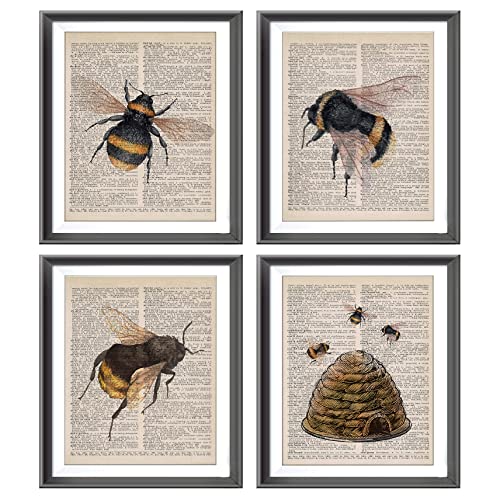 Image of Farmhouse Honey Bee Bumblebee Beehive Poster Prints for Home, Kitchen, Bedroom, Living Room, Porch, Nursery, Classroom Decor - Honey Bee Dictionary Art 4pcs 8x10inches Unframed