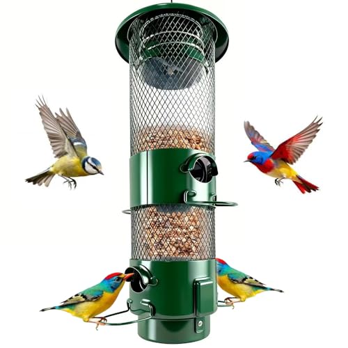 Squirrel Proof Bird Feeder for Outdoors 4 Port Hanging Metal Wild Bird Feeder with Weight-Activated Perches 3LB Large Capacity Chew-Proof Weather Resistant Bird Feeder Outside Green