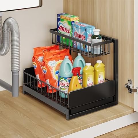 Mystozer Under Sink Organizer, Metal Pull Out Cabinet Organizer, Slide Out L-shape Under Cabinet Storage Shelves, Multi-purpose Sink Storage for Kitchen Bathroom Cabinet, Matt Black(Small Size) Cover