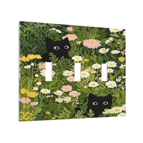 Decorative Switch Covers Plate Funny Cute Black Cat Colorful Flower Green Plant 3 Gang Wall Plate Oversized Triple Toggle Light Switch Plate Jumbo Faceplate for Bedroom Home Decor