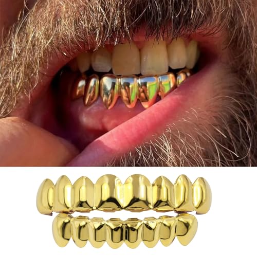 18K Gold Plated Hip Hop Teeth Grillz for Your Teeth Iced out 8 Top Teeth 8 Bottom Tooth Grillz For Men Women Rapper Costume Cosplay Extra Molding Bars3