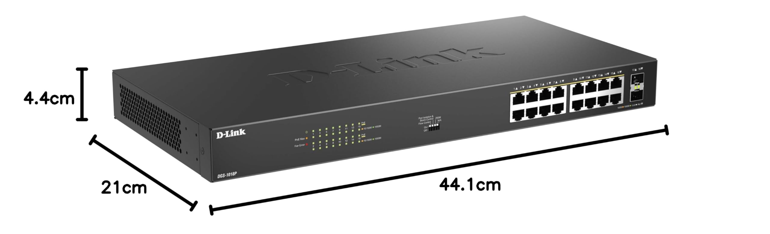 D-Link DGS-1018P Switch PoE Gigabit de 18 Puertos – sin gestión, 16 Puertos PoE+ (30W Puerto, 240W Budget), 2 Uplinks SFP Enlaces Fibra, Kit Montaje en Rack, IEEE 802.3af/at
