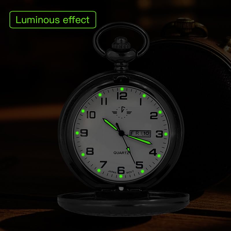 Image of BOSHIYA Smooth Quartz Pocket Watches for Men Classic Arabic Digital Luminous Dial & Day Date Pocket Watch with Chain Christmas Graduation Birthday Gifts