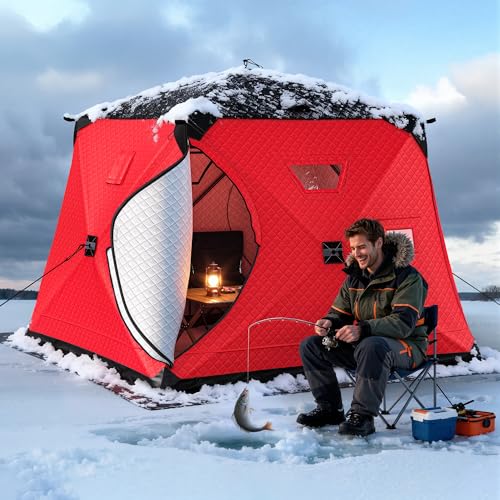 DWVO Upgraded Ice Fishing Tent - 6 Person Pop-Up Shelter Portable Insulated Shanty with 2 Doors, 4 Detachable Windows, 3-Layer Oxford Fabric, Anchors, Ropes and Carry Bag