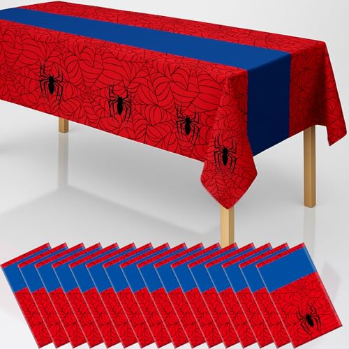 16Pcs 2in1 Spider Birthday Party Decorations Tablecloth, 54 x 108 Super Hero Table Cloth Disposable Rectangle Plastic Table Cover for Kids Baby Shower Wedding Party Supplies