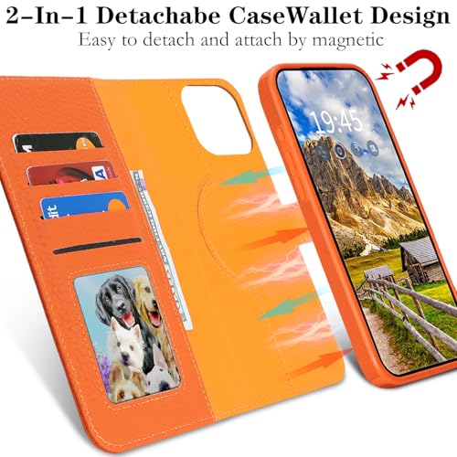 Image of Detachable Genuine Leather Case for iPhone 16 Pro Max Wallet Case Magnetic 2in1 Removable Flip Cover Book Purse Compatible with Magsafe Charging Kickstand Card Holder-Orange