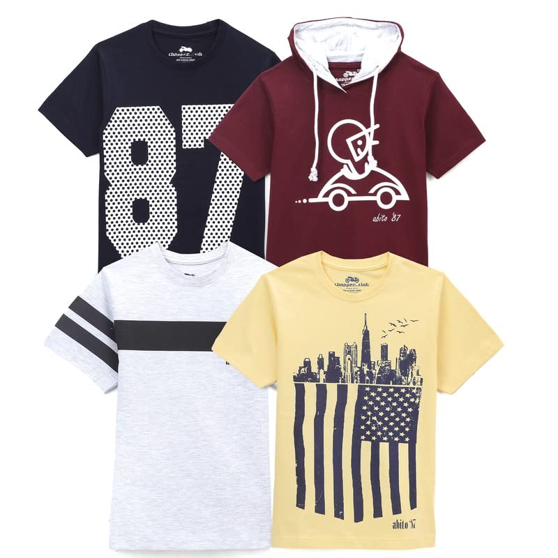 chopper club Chłopięce koszulki bawełniane opakowanie 4 koszulek chłopięcych z nadrukiem, 4 sztuki, Ecru Lemon Navy Bordowy, 5-6 lat