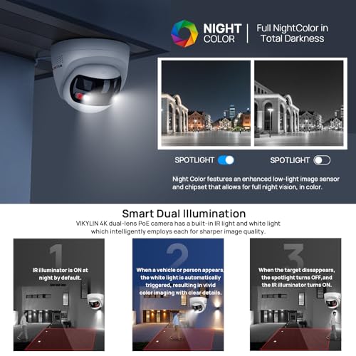 Image of VIKYLIN 8MP 4K Dual Lens Poe IP Security Camera with 180 Panoramic Wide Angle,Smart Hybrid Light, Human /Vehicle Detection, Strobe Light&Audible Warn,2-Way Audio, 512 GB SD Card Slot,IP67 (2mm Lens)