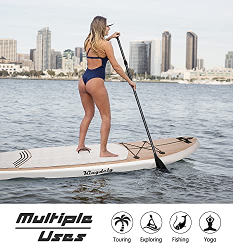 Upgraded 10\'6 Inflatable Stand Up Paddle Board, Paddleboards with Adjustable Paddle, Non-slip Deck, Safety Leash, Backpack, 3 Detachable Fins, Hand Pump, Repair Kit for Youth and Adults, Wood Grain