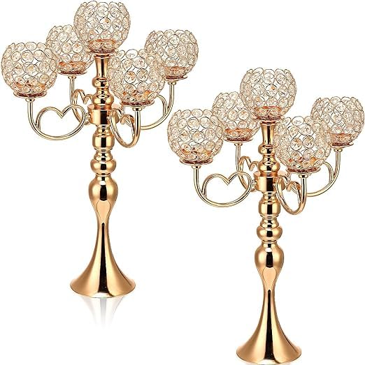 2 Pack 5 Arm Crystal Candelabra Centerpieces,21.5 Inch Tall Crystal Candle Holder Table Candelabra Stand with Crystal Candle Holder Bowl for Wedding Centerpieces Dining Coffee (Gold)