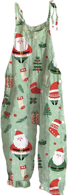 Bengbobar Plus Size Overalls for Women 3D Printed Christmas Jumpsuits Spaghetti Strap Romper Wide Leg Overalls with Pockets