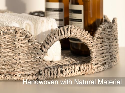 Image of StorageWorks Round Wicker Scalloped Tray, Rattan Serving Trays with Handles, Seagrass Basket for Decorative & Organizing, 13 inch L x 13 inch W x 2.75 inch H