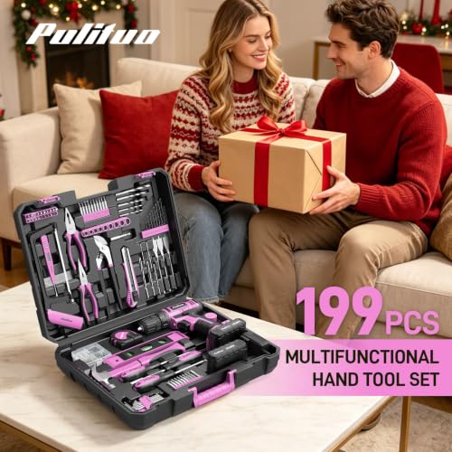 PULITUO Power Drill Tool Kit with 20V Cordless Drill/Driver, Electric Screwdriver, 2 Batteries & Charger, LED Light, 199-Piece Pink Home DIY Tool Set with Toolbox, Drill Set for Women & Men (Pink) - image 8