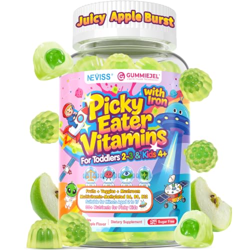Toddlers 2-3 & Kids 4+ Picky Eater Vitamins with Iron for Minors Aged 2-17 Children Teens Multiviamin Supergreen Filled Gummies Methylated B6 B9 B12 Fruits + Veggies + Mushroom Sugar Free