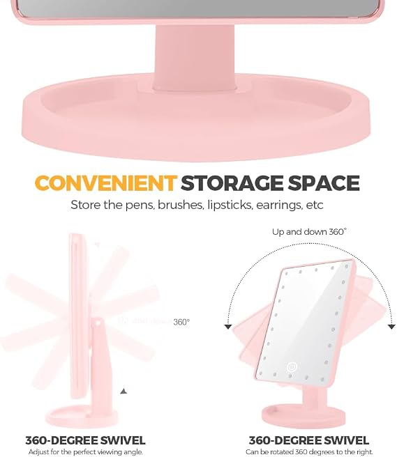 Makeup Vanity Mirror with Lights and 22 LED Lighted Makeup Mirror, Detachable 10X Magnification, Adjustable Dimming Touch Sensor, Dual Power Supply, 270° Rotation, Portable Cosmetic Mirror - Pink
