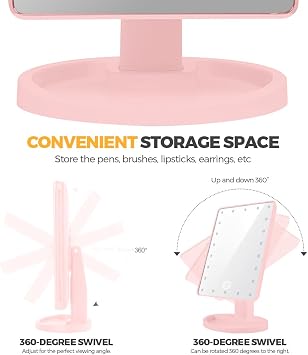 Makeup Vanity Mirror with Lights and 22 LED Lighted Makeup Mirror, Detachable 10X Magnification, Adjustable Dimming Touch Sensor, Dual Power Supply, 270° Rotation, Portable Cosmetic Mirror - Pink