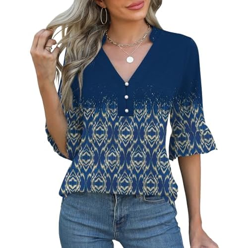 Rapbin Womens 3/4 Length Sleeve Blouses Ruffle Cuffs V Neck Button Down Shirts Dressy Flowy Tunic Tops Dark Blue Boho Print Medium