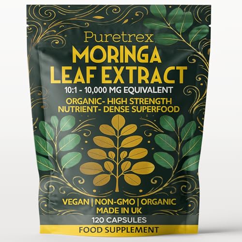 Moringa Leaf Extract 10,000mg Equivalent, 120 Vegan Capsules, Organic High Strength Moringa Oleifera, Non GMO, Made in UK, Natural Energy & Immunity Support