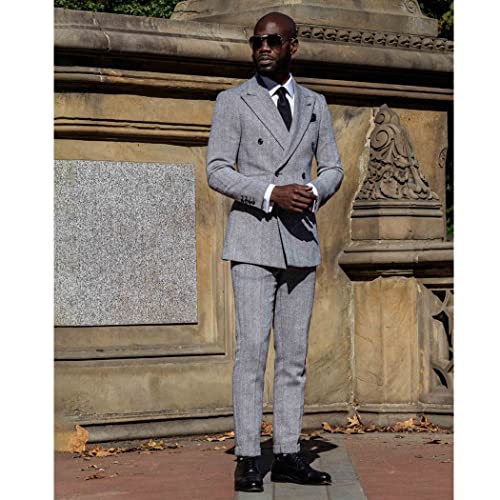 Men Double Breasted Blazer Herringbone Checkered Tweed Peak Lapel Grooms Prom Slim Fit Tuxedo Suit Jacket Pants2