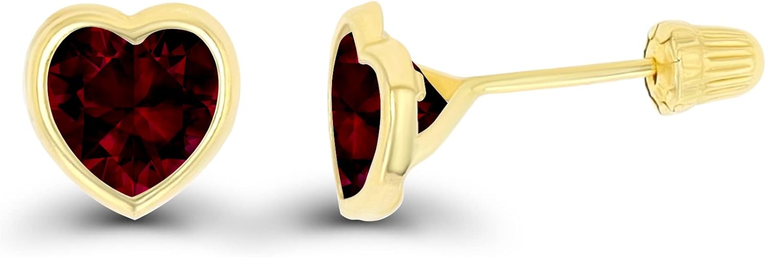 Solid 14K Gold Hypoallergenic 6mm Heart Shaped Birthstone Polished Bezel Screw Back Stud Earrings