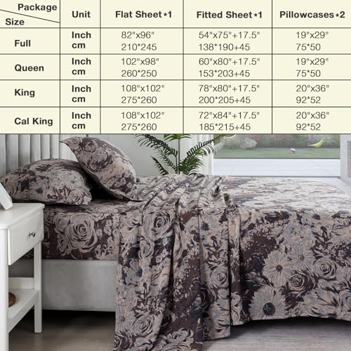 Image of Brown Floral Muslin Sheets Queen, Shabby Rose Daisy Chic Soft Deep Pocket Sheet Set, Dark Flower Luxury Vintage Bed Sheets, Cottage Core Designer Bedding, 100% Washed Cotton, 4Pcs