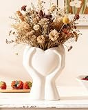 A Heart Held in Two Hands White Vases for Flowers - Cute Modern Small Ceramic Flower Vase for Pampas Grass - Decorative Table Vase for Coffee or Dining Table Centerpiece, Shelf - Gift for Mom (White)