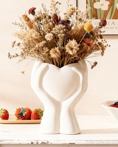 A Heart Held in Two Hands White Vases for Flowers - Cute Modern Small Ceramic Flower Vase for Pampas Grass - Decorative Table Vase for Coffee or Dining Table Centerpiece, Shelf - Gift for Mom (White)