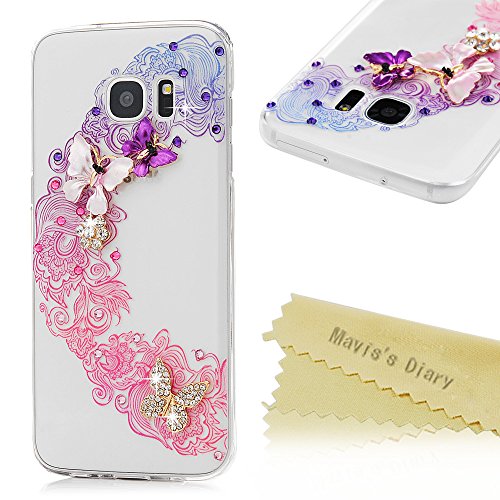Galaxy S7 Edge Case - Mavis's Diary 3D Handmade Bling Crystal Butterfies Shiny Diamonds Glitter Rhinestones Gems with Lovely Flowers Wreath Pattern Hard PC Cover for Samsung Galaxy S7 Edge