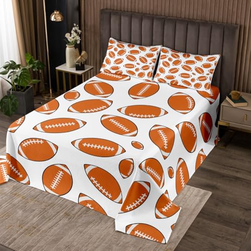 jejeloiu Rugby Sports Bedspread for Kids Boys Girls American Football Coverlet Set King Size Football Quilted Coverlet Bedroom Decor Breathable Soft Lightweight Microfiber Soccer White 3Pcs
