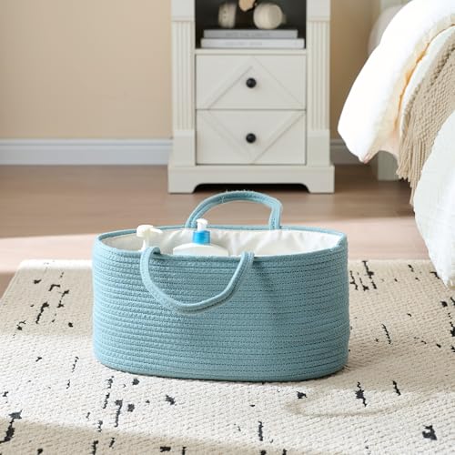 Image of luxury little Diaper Caddy Organizer, Large Cotton Rope Nursery Baby Basket, Changing Table Organizer for Baby Diaper Storage, Portable Car Organizer Removable Divider (Lake Blue, Extra Large)