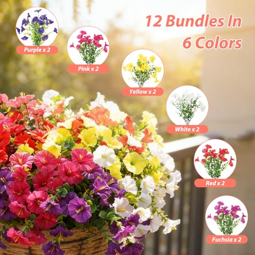 Image of 12 Bundles Artificial Flowers for Outdoors, Silk Morning Glory Flowers(Mix) | UV Resistant Fake Eucalyptus Plants for Spring Summer Garden Patio Home Outdoors Decor