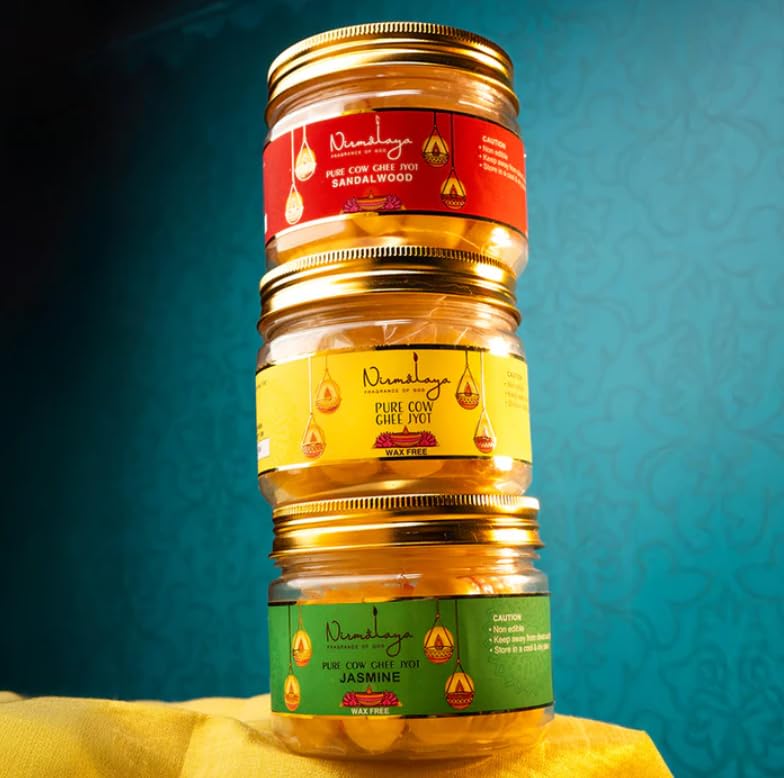 Image of Nirmalaya Premium Pure Cow Ghee Jyot for Pooja Diya with Batti | 30 Min Burn Time | Rich Aroma | Ideal for Puja, Aarti, Festive, Home Fragrance | Ready to Use | Pack of 50 Battis (with Jasmine)