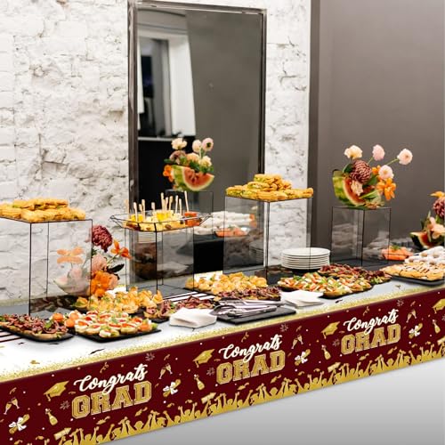 Image of chiazllta Set of 3 Graduation Tablecloths Class of 2026 Congrats Grad Maroon Graduation Party Tablecover Decorations Party Supplies Large Size Plastic 54 inchx108 inch(Maroon & Gold)