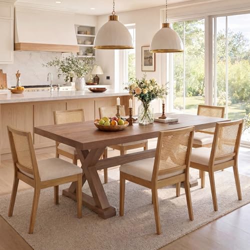 Image of HNY Farmhouse Rattan Dining Chairs Set of 6, Natural Solid Hardwood Frame, Upholstered Linen Seat, Ergonomic Cane Back Dining Room Chairs for Kitchen, Dining Room, Apartment, Beige