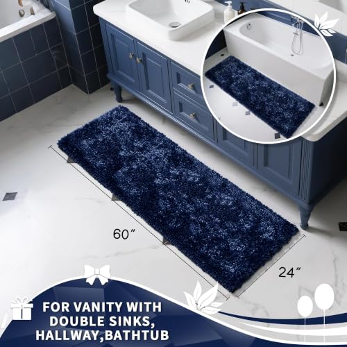 Image of Yimobra Long Bathroom Rugs Runner 60x24 Inch, Extra Thick Soft Absorbent Chenille Bath Mat, Non Slip Machine Washable, Quick Dry Bath Rugs for Bathroom Floor, Tub and Shower, Dark Blue
