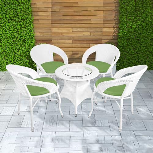 Image of Rattan Wicker Garden Patio Seating Chair and Table Set for Outdoor Balcony Garden Coffee Table Set Furniture with 1 Table and 4 Chairs with Green Cushion (White)
