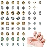 60pcs Breloques d'Ongles Turquoise, 3D Décor Pierres Précieuses Métalliques Vintage Décorations Nail Art Western Cowboy Accessoires pour Acrylique Gel DIY Manucure (12 Styles)
