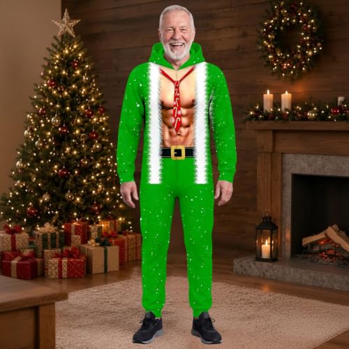 Men Santa Elf Cosplay Hooded Onesie Funny 3D Fake Muscle Printed Jumpsuit - image 2