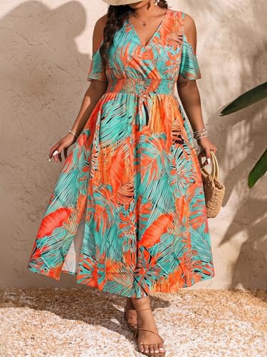 Image of Floerns Women's Plus Size Cold Shoulder Tropical Print V Neck Flared A Line Long Dress