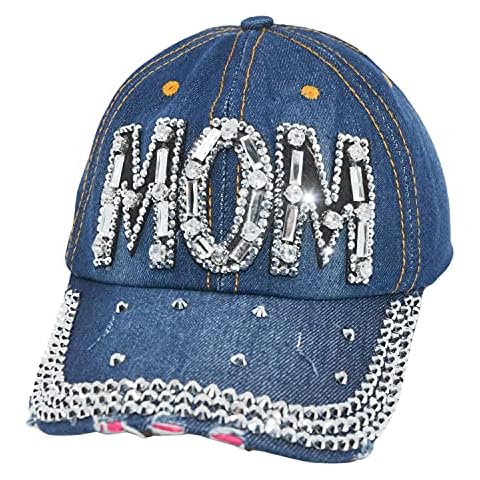 Popfizzy Bling Baseball Cap for Women Rhinestone Hat, Bedazzled Baseball Caps, Distressed Hat, Fancy Denim Bejeweled Hats, Pink (Blue), One Size Cover