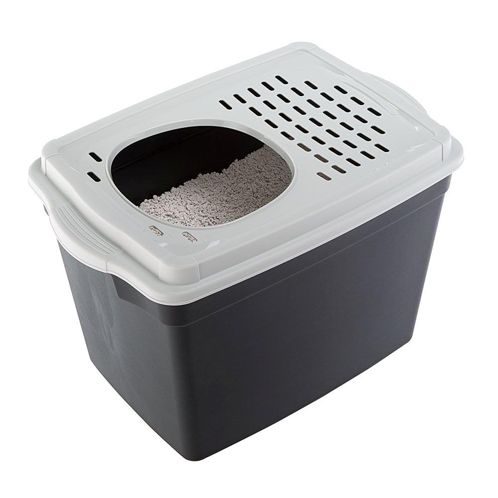 Ferplast Arenero Gatos Cubierto, Arenero Gato, con Entrada Superior, Tapa Perforada, 38,8 x 57,5 x h 39 cm, Caja de Arena para Gatos Grande Jumpy, Negro