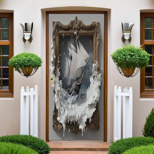 3D Door Stickers Barco de vela con arte en relieve Autoadhesivo Puerta Murales Pegatinas PVC Decoraciones del, Mural de Oficina Autoadhesivo para Puertas Interiores 77x200cm
