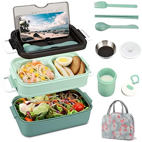 SAVTON Bento Box Adult, 1500ml Bento Box for Adults, 2 Tier Lunch Box for Women, Lunch Bags for Women, Meal Prep Containers Reusable, BPA-Free(Green Metal) Cover
