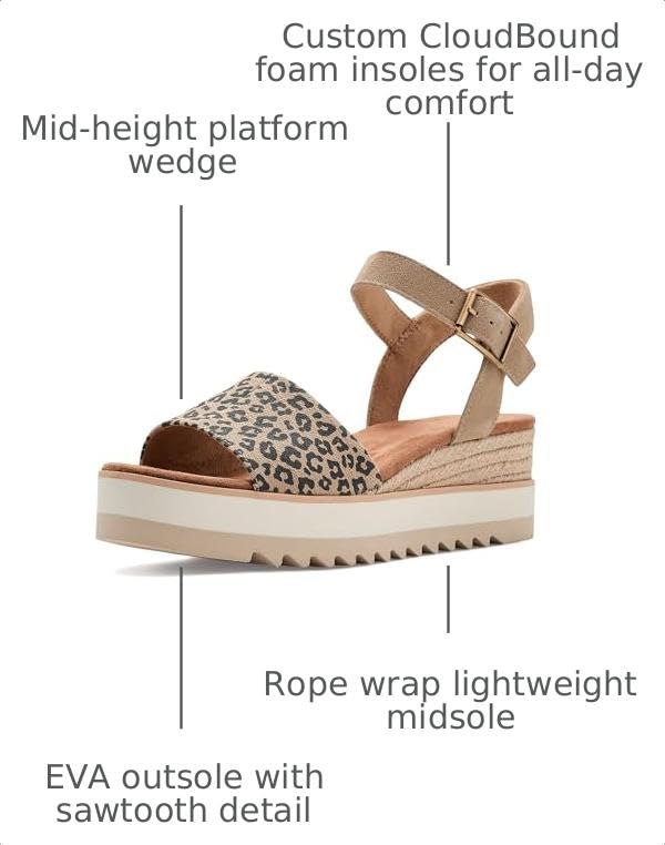 Image of TOMS Women's Diana Wedge Heel Sandal, Leather Upper, Rope-Wrapped Midsole, Adjustable Strap, Buckle, OrthoLite Insole