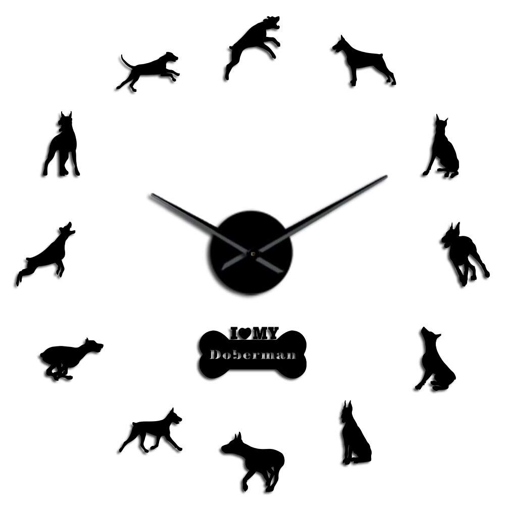 Doberman Pinscher DIY Acrylic Mirror Effect Large Wall Clock Living Room Decorative Wall Watch(Black,27in)